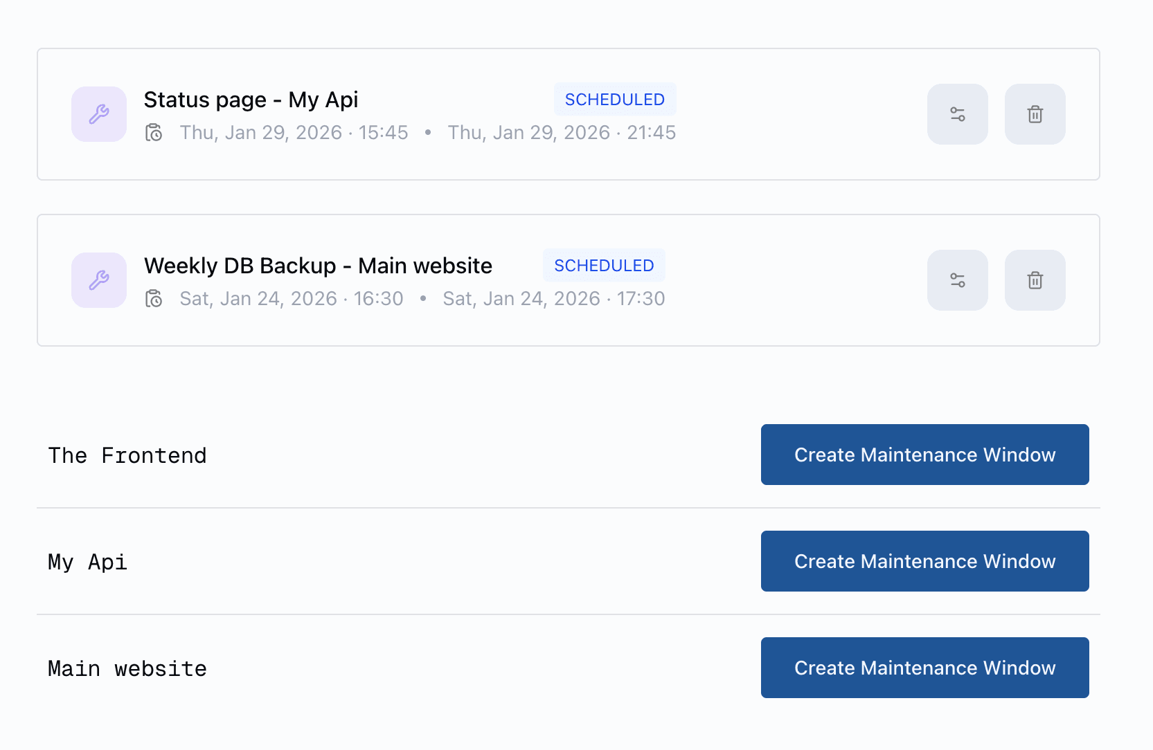 Planned maintenance reflected in monitoring timeline